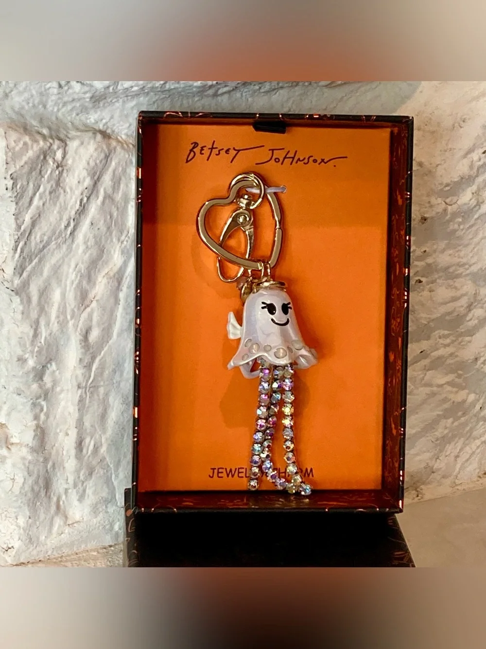 NIB Betsey Johnson White Ghost Charm Keychain with Multicolor Crystal Tassels